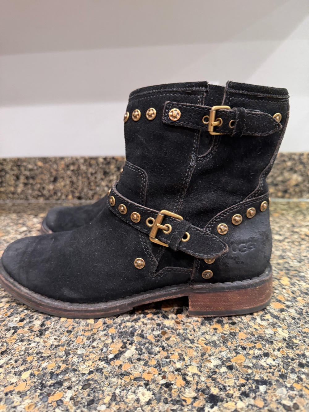 UGG Black Suede Studded Buckle Short Ankle Boots fabrizia 7.5